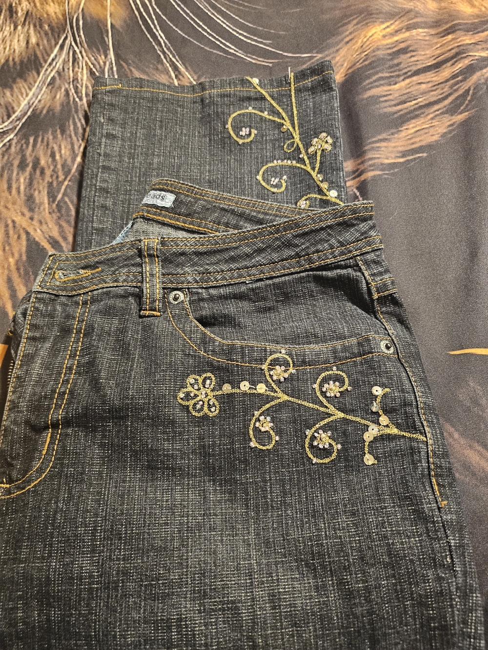 Dark Gray Flare Jeans with Gold Floral Embroidery
